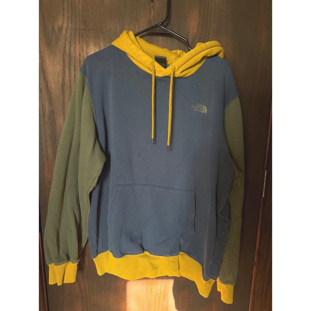 The North Face Mens XL Colorblock Hoodie Blue Yellow Green Pullover Sweatshirt